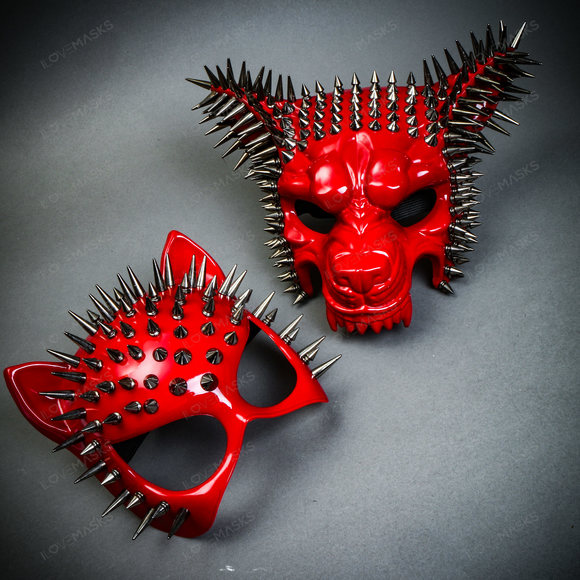 Glossy Red Steampunk Spike Wolf w/ Sexy Cat mask Couples Party Halloween Mask - Picture 3 of 5